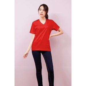 เสื้อยืด OV102 คอวี ผ้าCotton100% 32 เนื้อนุ่ม ใส่สบาย สีแดงอมส้ม