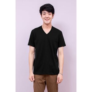 เสื้อยืด OV102 คอวี ผ้าCotton100% 32 เนื้อนุ่ม ใส่สบาย สีดำ