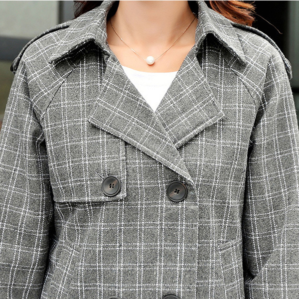 เสื้อโค้ทกันหนาวตัวยาว ผ้าวูลทอลายตาราง แต่งกระดุมคู่ (11857X)