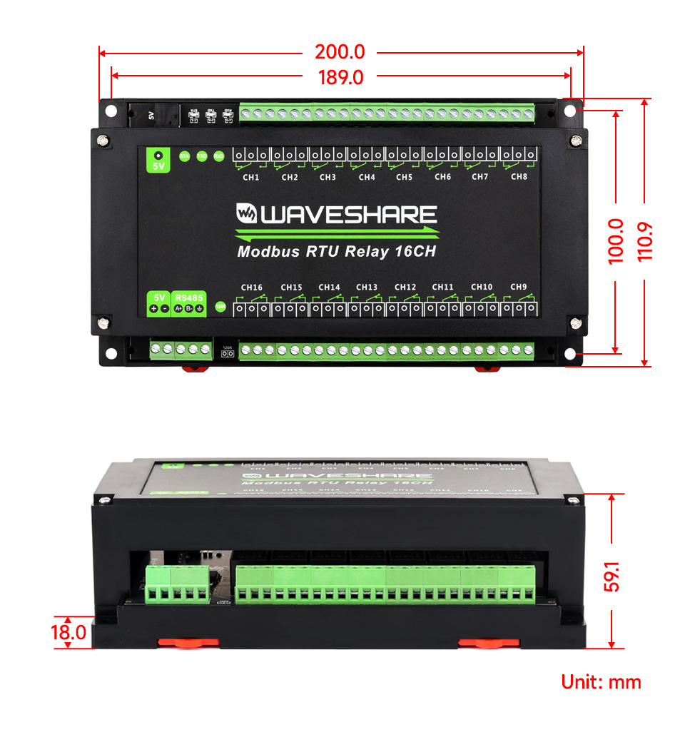 Modbus RTU 16-Ch Relay Module, RS485 Interface, With Multiple Isolation Protection Circuits