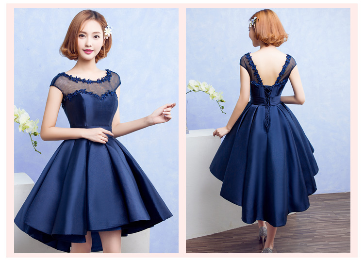 Pre-order ชุดราตรีสั้น สีน้ำเงิน แขนสั้น คอกลมกว้าง หน้าสั้นหลังยาว แต่งลูกไม้ ปักมุก เชือกผูกหลัง