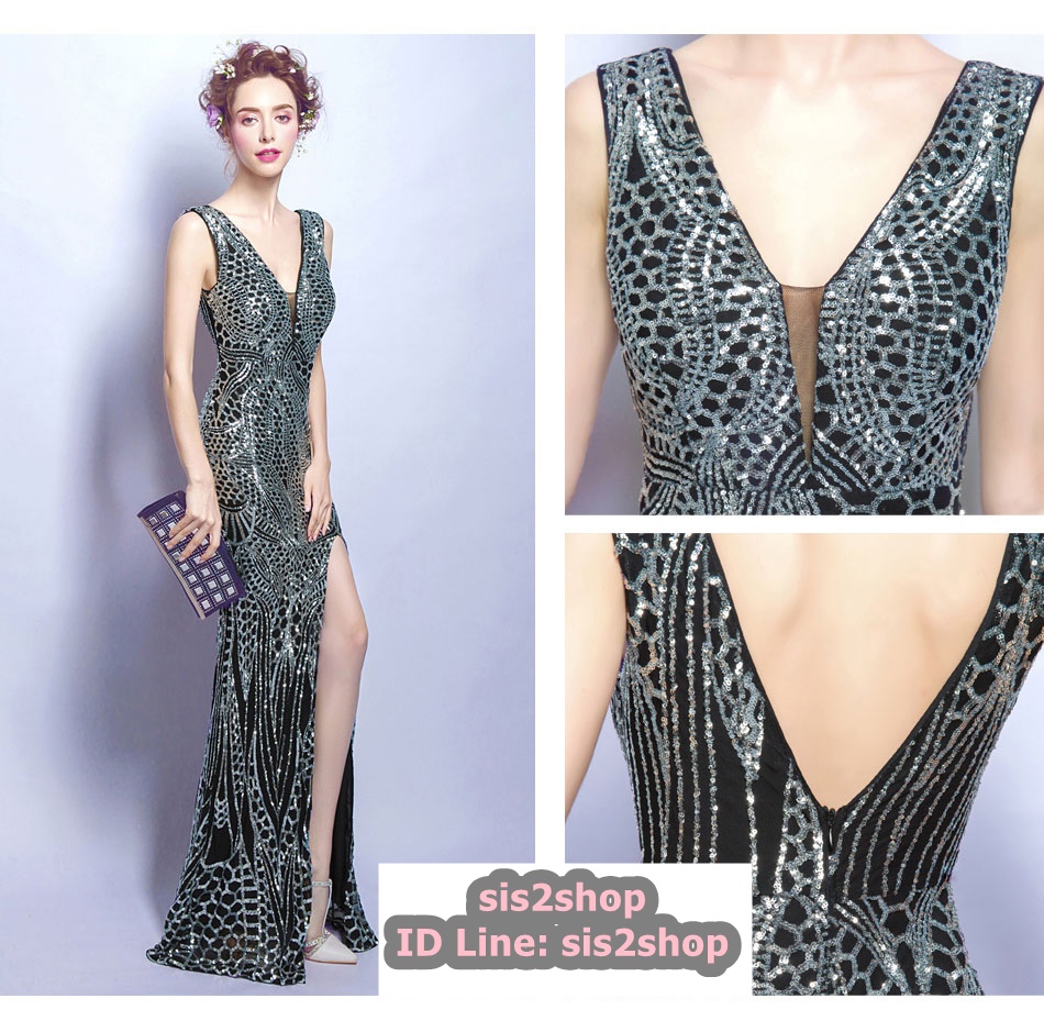 พร้อมเช่า ชุดราตรียาว ชุดออกงานกลางคืน งานพรอม แบบแขนกุด สีดำปักเลื่อมทั้งชุด หรูหรา Sexy แหวกหน้าขา โชว์หลัง