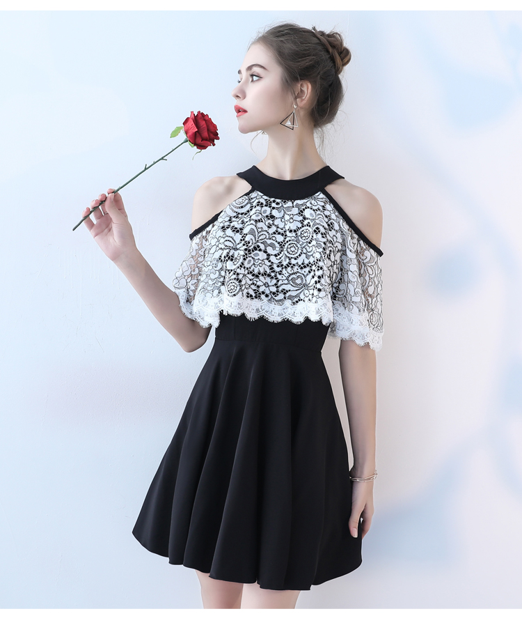 Pre-order ชุดราตรีสั้น แบบเปิดไหล่ ระบายช่วงไหล่ ผ้าลูกไม้ ซิปหลัง เรียบหรู