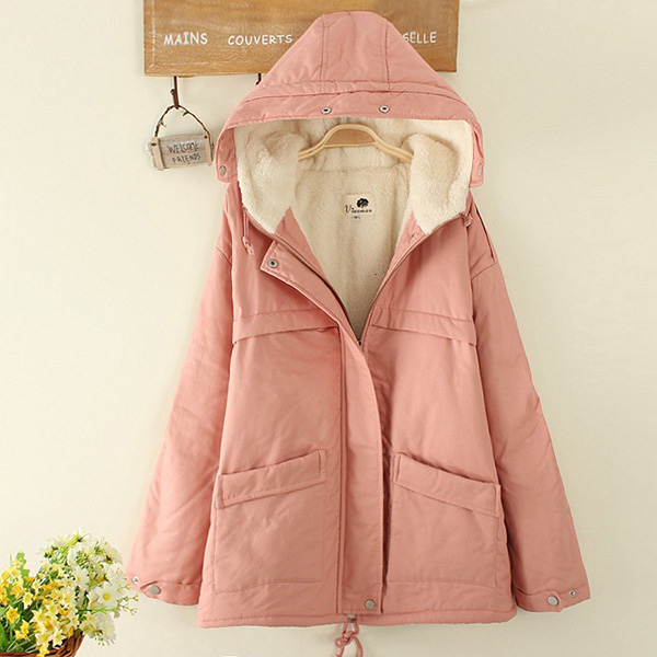 เสื้อโค้ทกันหนาววินเทจ มีฮู้ด ซับผ้าขนนุ่มใส่ติดลบได้ (12216LM)