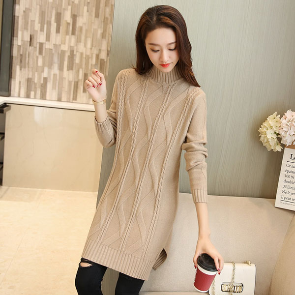 เดรสคอเต่ากันหนาว ไหมพรมวูลหนานุ่มถักลาย (12067B)