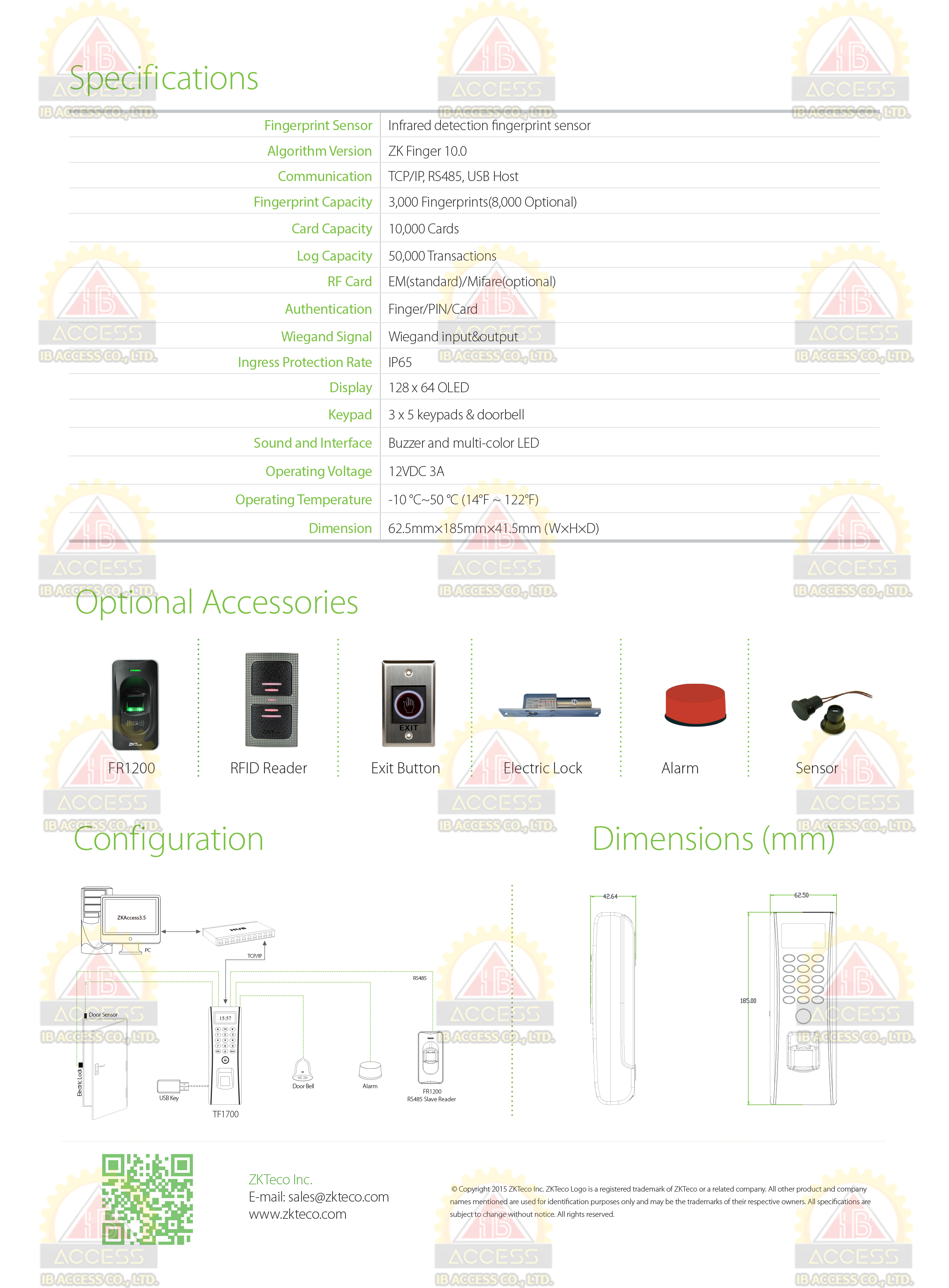 เครื่องสแกนลายนิ้วมือ ยี่ห้อ ZKTeco รุ่น TF1700 กันน้ำ รองรับระบบ Access Control