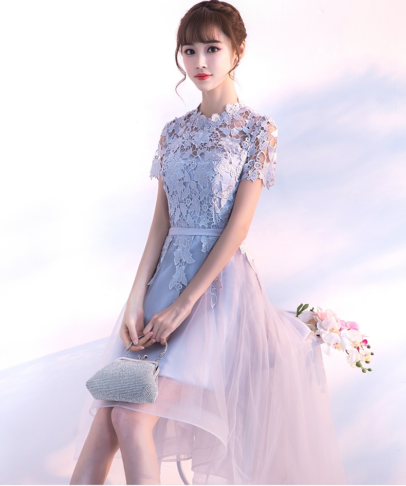 Pre-order ชุดราตรีหน้าสั้นหลังยาว แขนสั้น แต่งผ้าลูกไม้ กระโปรงตาข่าย เรียบหรู (ซิปหลัง)