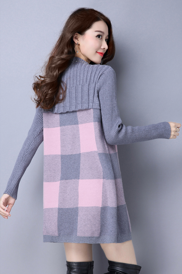 เดรสไหมพรมคอเต่า แขนยาว ถักลายตาราง (12219B)