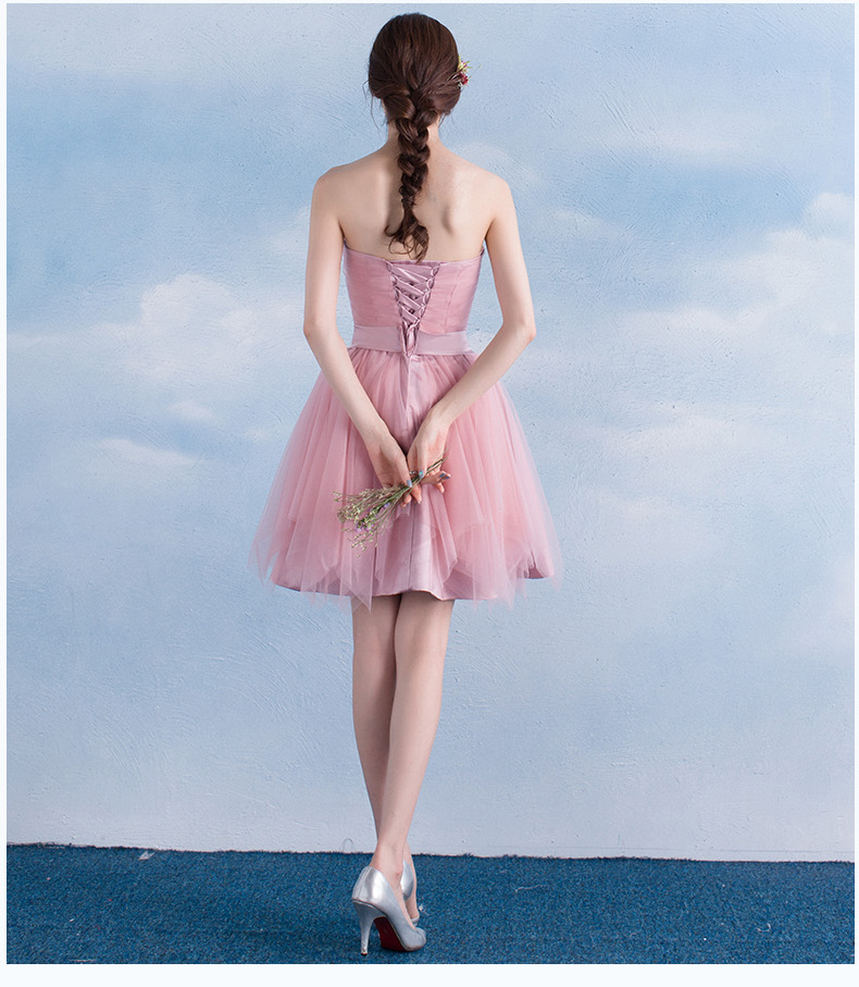 Pre-order ชุดราตรีสั้น ชุดเพื่อนเจ้าสาว กระโปรงตาข่าย มีหลายแบบ สีถั่วแดง (เชือกผูกหลัง)