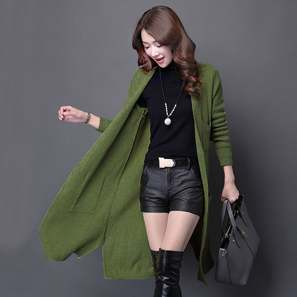 เสื้อคลุมกันหนาวตัวยาว ผ้าไหมพรมกึ่งวูลหนานุ่ม แต่งกระเป๋าคู่ (11657B)