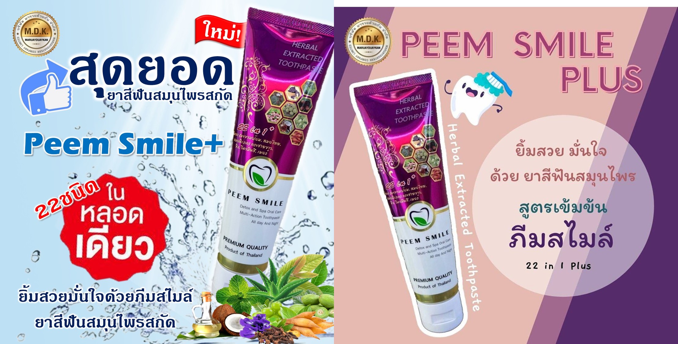 20 PV. ยาสีฟันสไมล์ภีม แพ็คคู่ สารสกัดสมุนไพร 22 ชนิด หอม สดชื่น มั่นใจ ขนาดรวม 100 กรัม