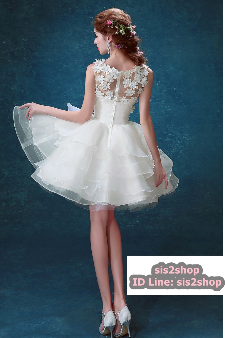 พร้อมเช่า ชุดแฟนซี ชุดเจ้าสาว ชุดราตรีสั้น แขนกุด สีขาว กระโปรงระบาย แต่งลูกไม้ปักเลื่อม น่ารักมาก (ซิปหลัง แต่งกระดุม)