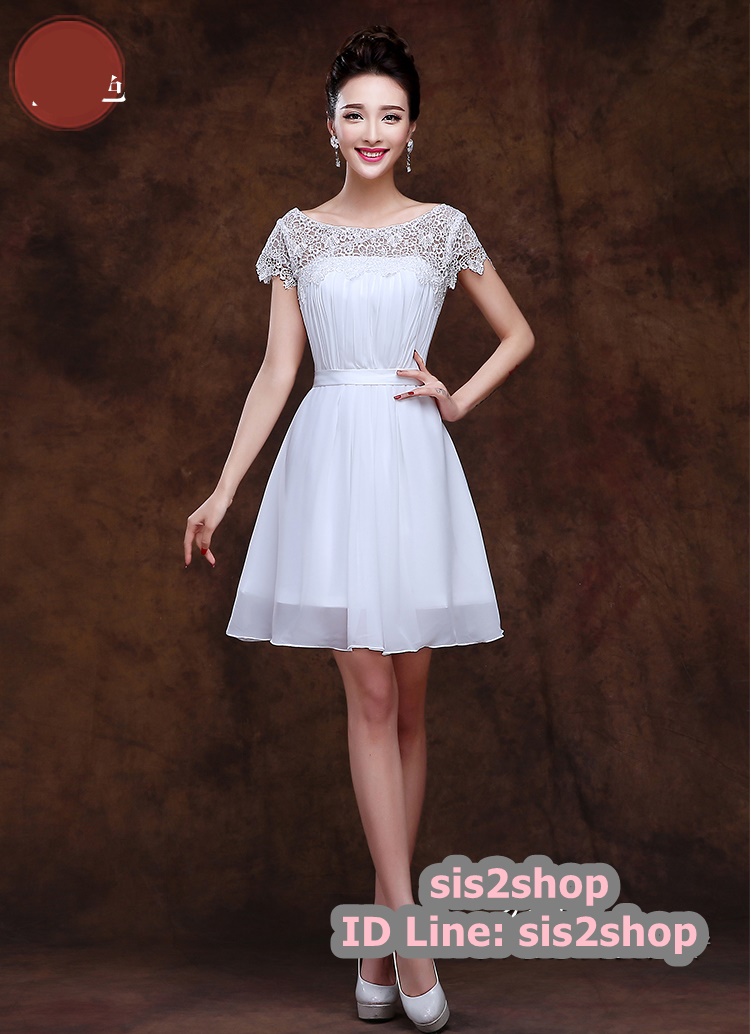 พร้อมส่ง ชุดราตรีสั้น ลูกไม้ กระโปรงผ้าชีฟอง อกจับจีบ เรียบหรู สีขาว (เชือกผูกหลัง)