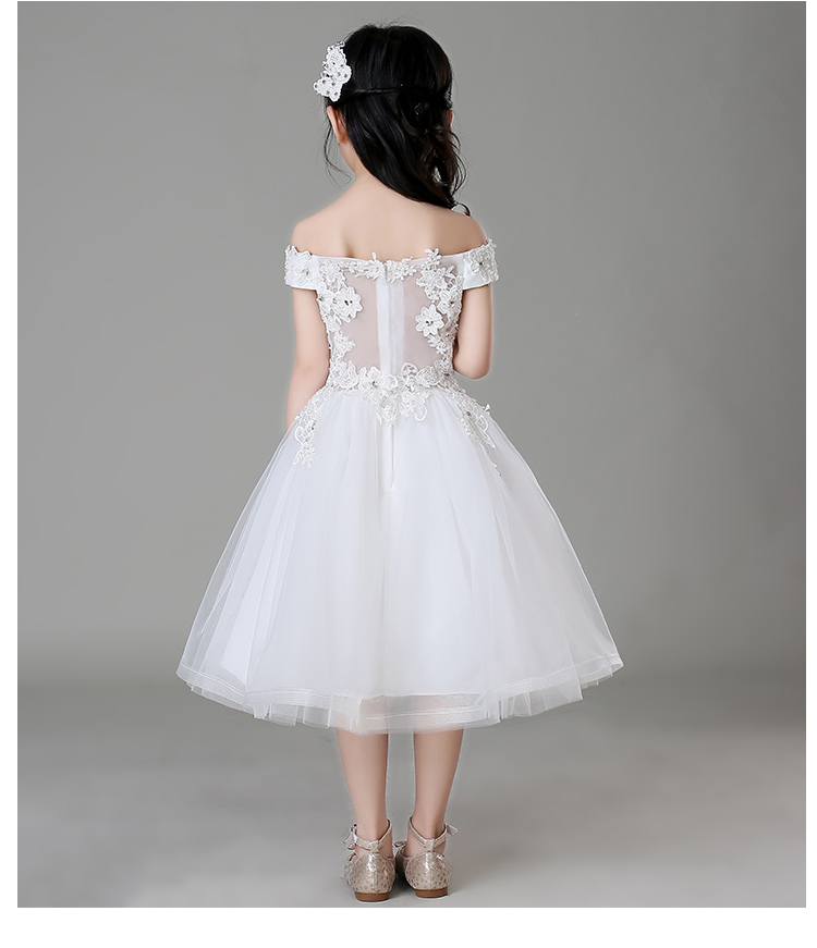 Pre-order ชุดราตรีเด็ก ชุดออกงาน ชุดกระโปรง สไตล์เจ้าหญิง แบบไหล่ปาด ผ้าลูกไม้ แต่งเพชรช่วงอก กระโปรงตาข่าย มีซิปหลัง