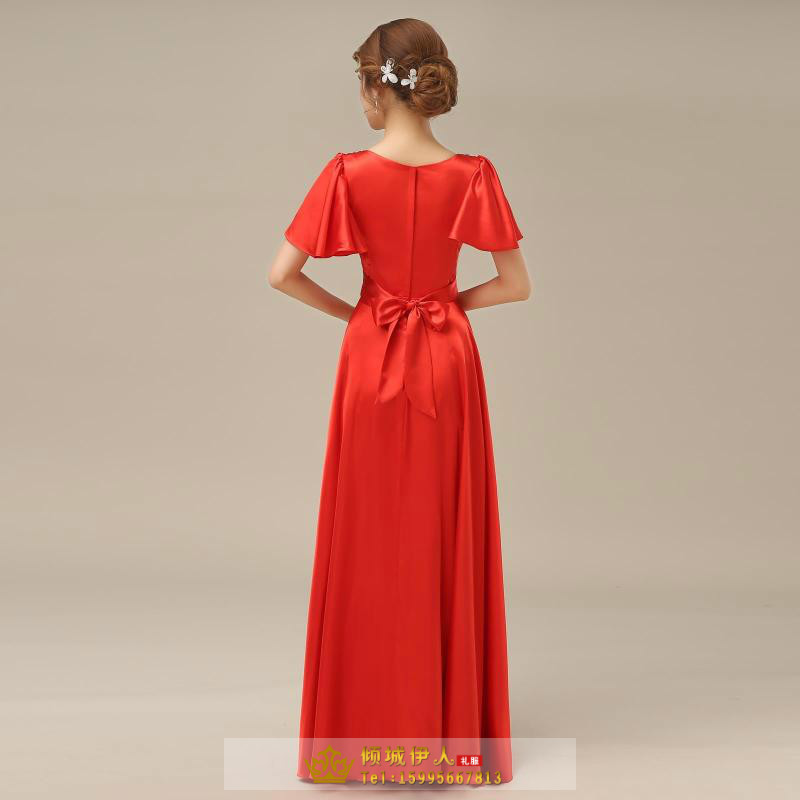 Pre-order ชุดราตรียาว แบบแขนสั้น ผ้าซาตินสวยสง่า อกจับจีบปักเลื่อมช่วงอก-เอว สีทอง (เชือกผูกหลัง)