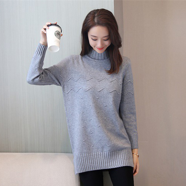 เสื้อสเวตเตอร์ไหมพรมคอเต่าตัวยาว ผ้าหนานุ่มถักลายนูน (12167B)