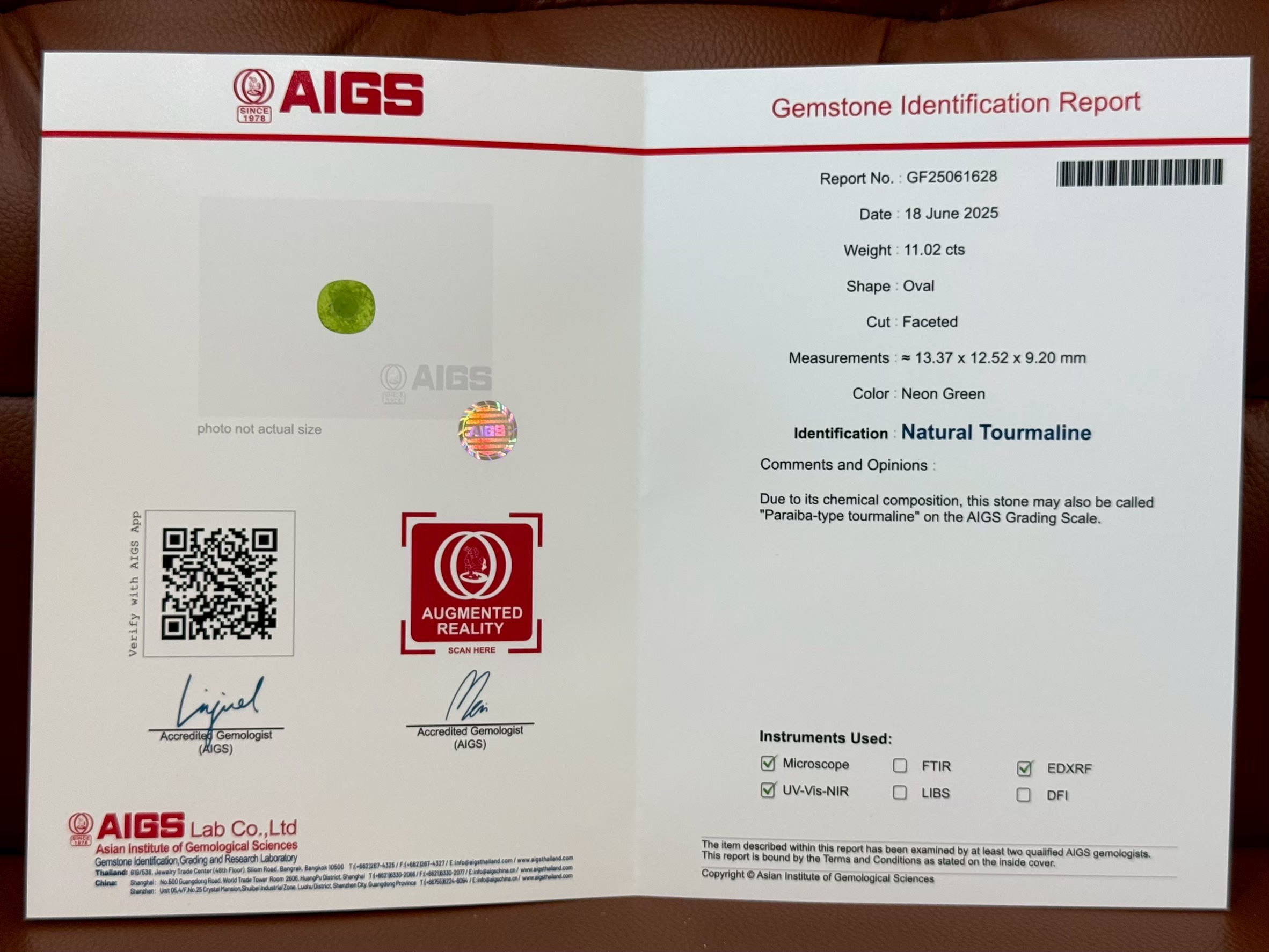 พลอย พาไรบ้า ทัวร์มาลีน Paraiba Tourmaline 11.02 กะรัต (Cts.) *สีพิเศษ เขียวนีออน neon green พร้อมใบเซอร์ พลอยแท้อัญมณีมงคล ประจําวันเกิด เครื่องประดับพลอย