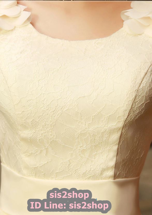 พร้อมส่ง ชุดราตรีสั้น แขนกุด กระโปรงตาข่ายนิ่ม แต่งลูกไม้และดอก เรียบหรู สีครีม Champagne