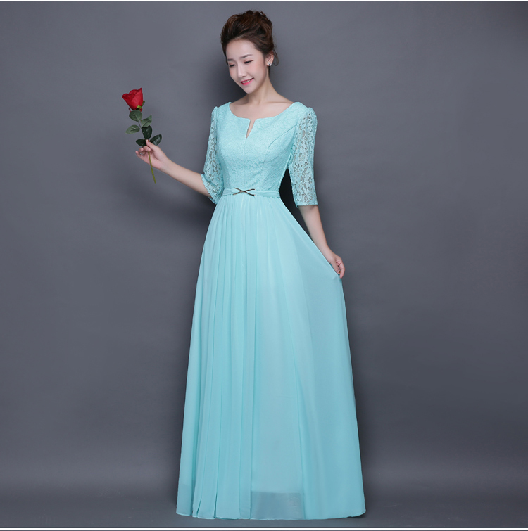 Pro-order ชุดราตรียาว แขน3ส่วน ผ้าลูกไม้ คอวี กระโปรงผ้าชีฟอง ซิปหลัง ไซส์ใหญ่ XS-4XL