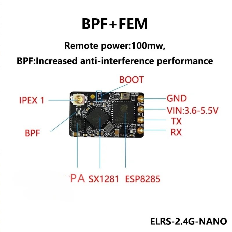 รีซีฟ ExpressLRS BAYCK 2.4G มีชิป PA LNA เพิ่มสัญญาณแรงขึ้น Wifiในตัว Telemetry 100mW ระบบ ELRS Radio Nano Long Range พร้อม T-type Antenna 11X18mm สำหรับโดรนซิ่ง FPV