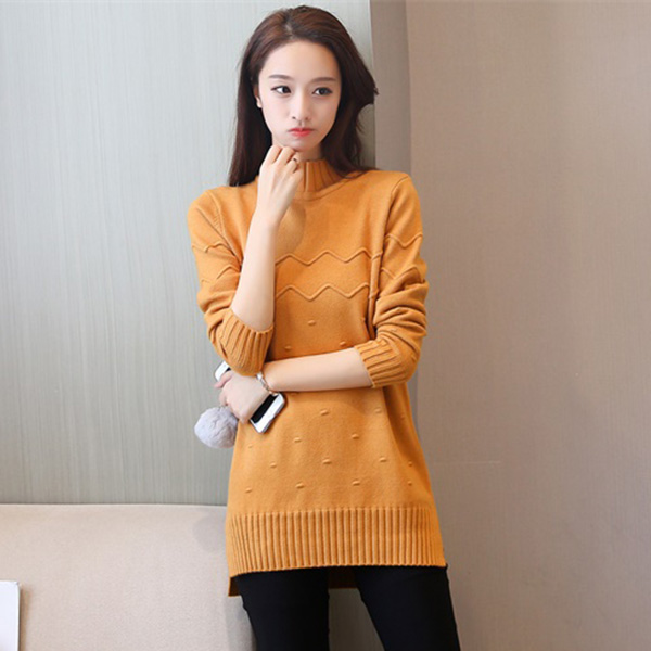 เสื้อสเวตเตอร์ไหมพรมคอเต่าตัวยาว ผ้าหนานุ่มถักลายนูน (12167B)