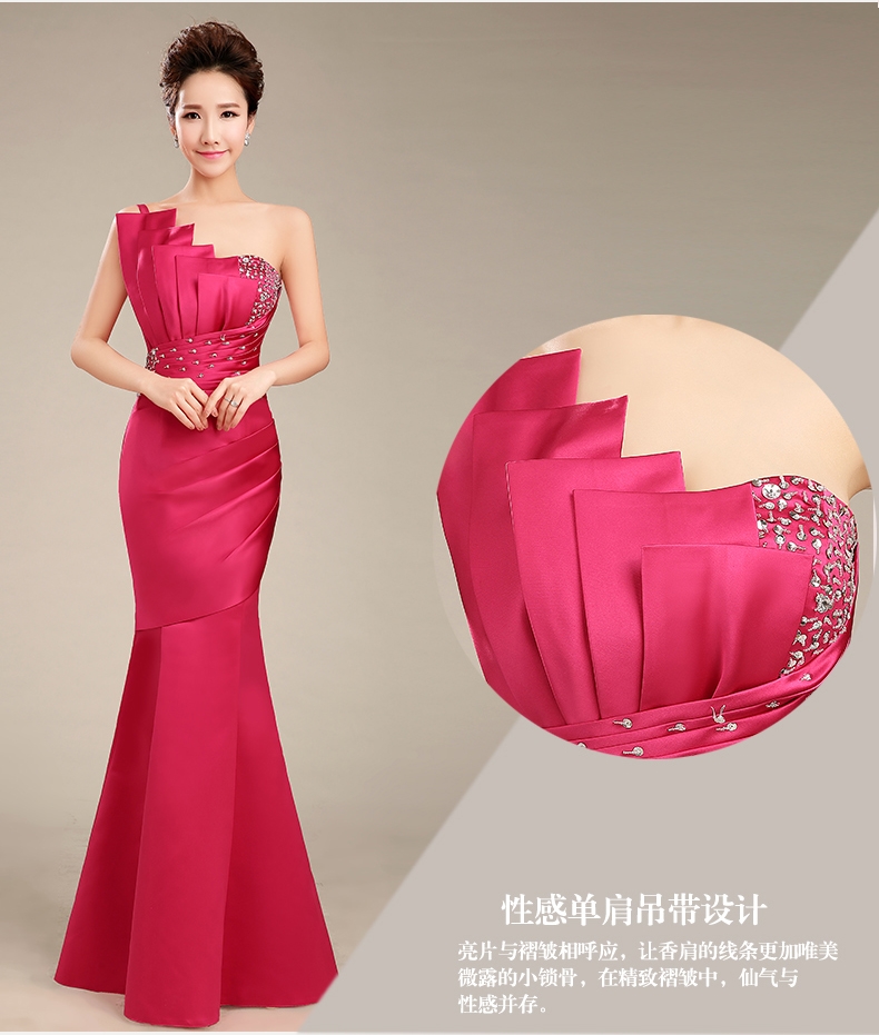 Pre-order ชุดราตรียาว เกาะอก ไหล่เดียว ผ้าซาตินเข้ารูป ปักเลื่อมสวยหรู มีซิป