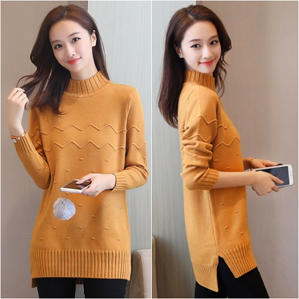 เสื้อสเวตเตอร์ไหมพรมคอเต่าตัวยาว ผ้าหนานุ่มถักลายนูน (12167B)