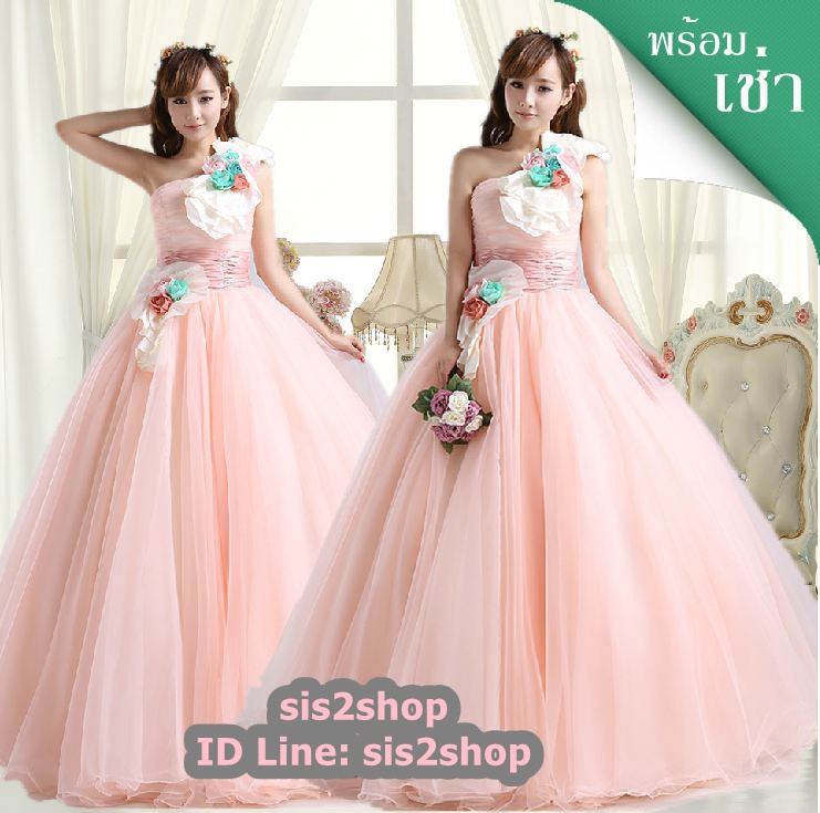 พร้อมเช่า ชุดแฟนซี ชุดราตรียาว สีชมพูอมส้ม Pastel เกาะอก ไหล่เดียว แต่งดอกไม้ กระโปรงพอง สวยหวาน เชือกผูกหลัง