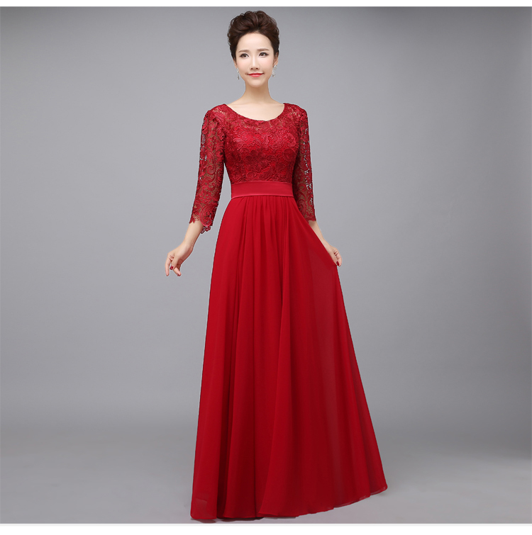 Pro-order ชุดราตรียาว แขนยาว แต่งผ้าลูกไม้ฉลุ ช่วงบน ผ้าซาตินคาดเอว กระโปรงชีฟอง ซิปหลัง ไซส์ใหญ่ XS-4XL