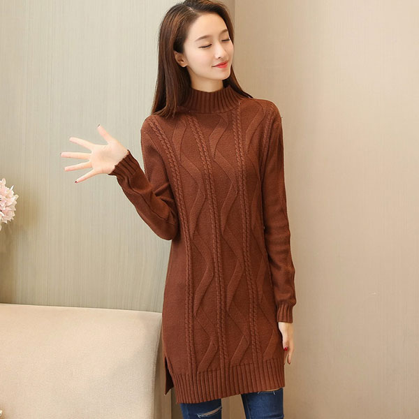 เดรสคอเต่ากันหนาว ไหมพรมวูลหนานุ่มถักลาย (12067B)