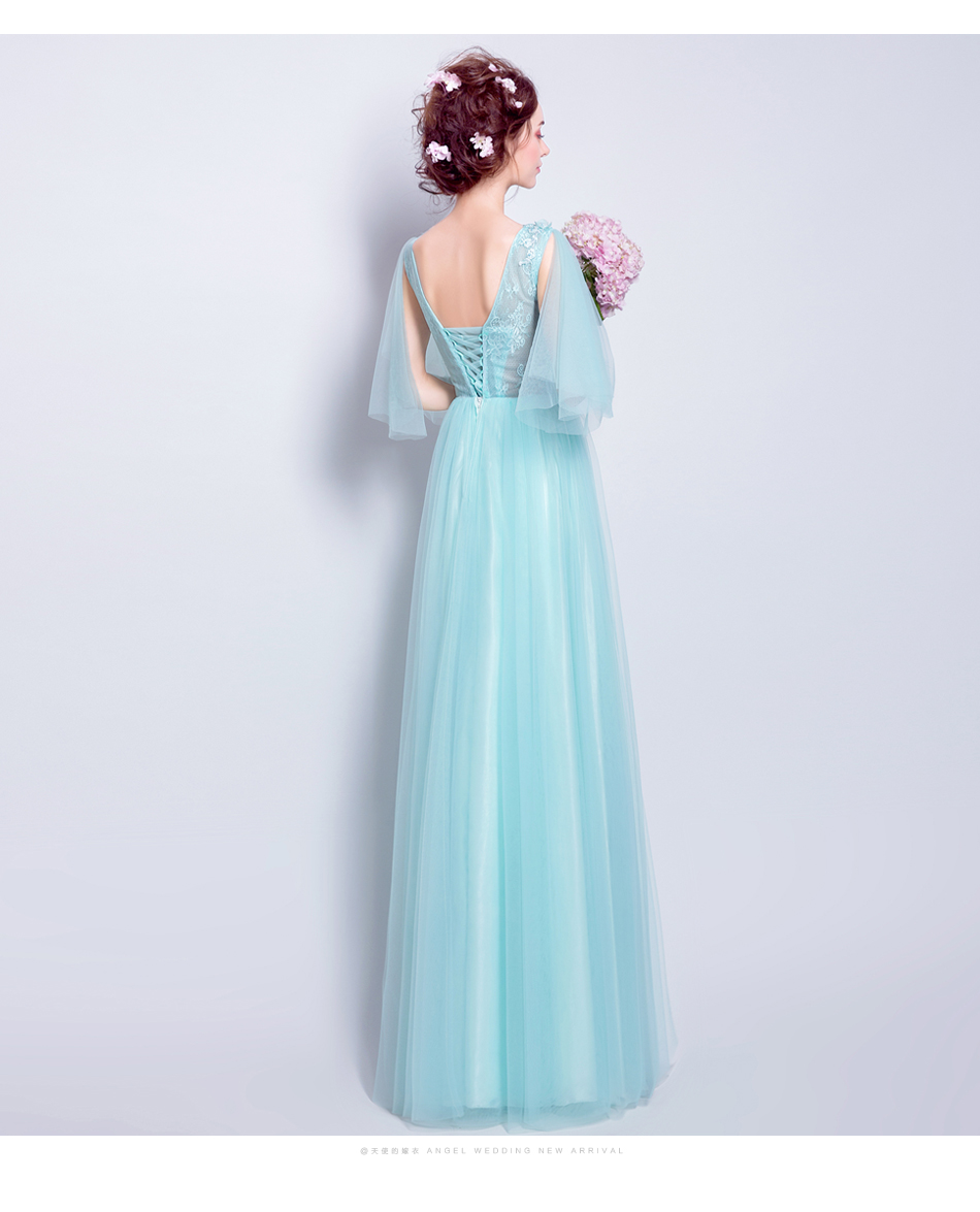 Pre-order ชุดแฟนซี ชุดเจ้าสาว ชุดราตรียาว สีฟ้าทะเล แขนแต่งระบาย แต่งดอกไม้ ปักเลื่อมช่วงอก กระโปรงตาข่าย เชือกผูกหลัง