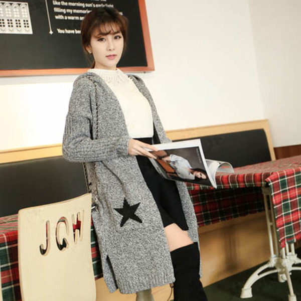 คาร์ดิแกนไหมพรมตัวยาว มีฮู้ด แต่งกระเป๋าคู่ (11778B)