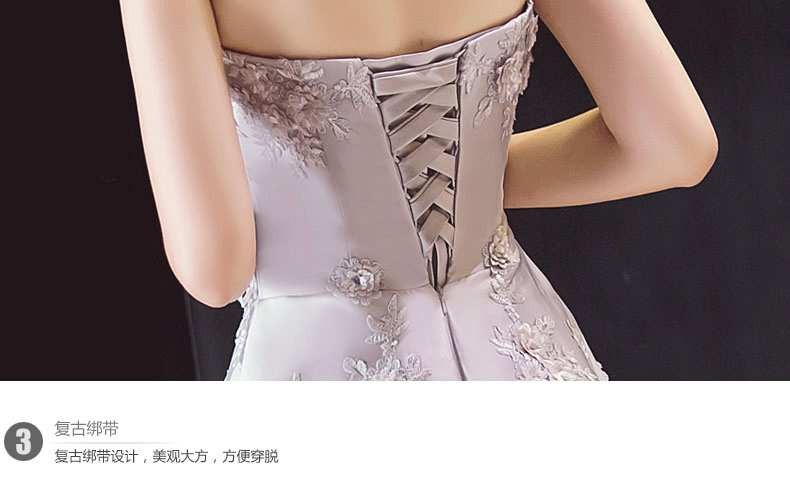 Pre-order ชุดราตรียาว เกาะอก ผ้าซาติน แต่งลูกไม้ แต่งตาข่ายที่อก จับจีบ เชือกผูกหลัง สีเทา