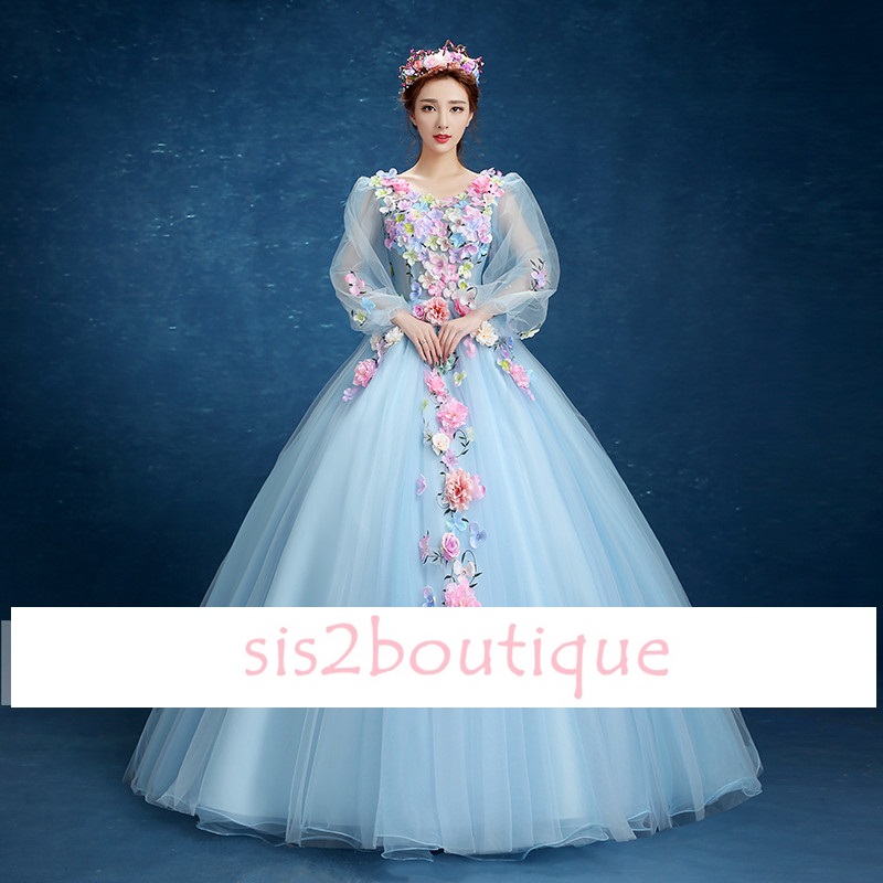 Pro-order ชุดราตรี ชุดแฟนซียาว แขนยาว คอวี ผ้าแก้ว แต่งดอกไม้แฮนด์เมด สไตล์เจ้าหญิง กระโปรงพองสวย เชือกผูกหลัง สวยหรู