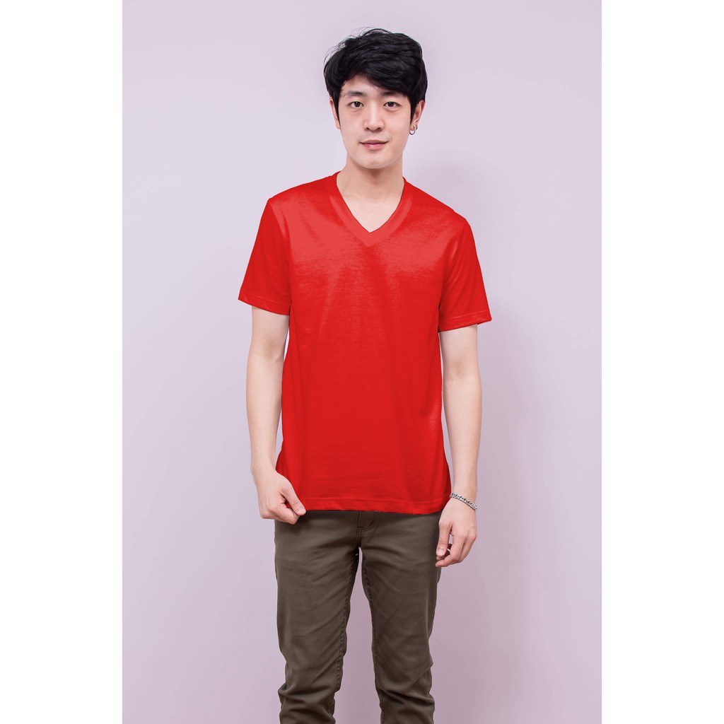 เสื้อยืด OV102 คอวี ผ้าCotton100% 32 เนื้อนุ่ม ใส่สบาย สีแดงอมส้ม