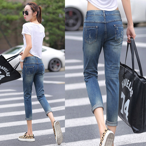 กางเกงยีนส์ทรงสกินนี่ ขายาวแปดส่วน แต่งขาแนวเซอร์ (11460X)