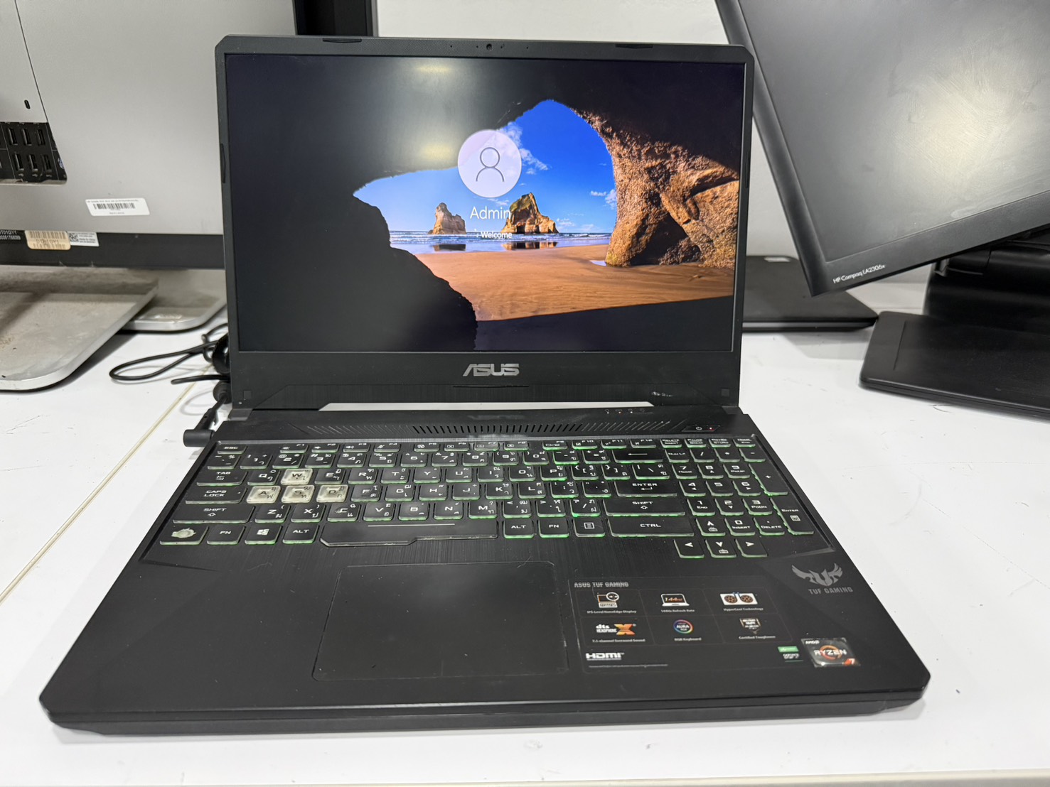 Notebook Asus TUF Gaming FX505DT(Ryzen7 3750H/16GB/M.2 512GB/GTX1650 4GB)+Adapter จอ Bright บานพับแตก Keyborad ลอก ลำโพงแตก แบต 48% พัดลมดัง