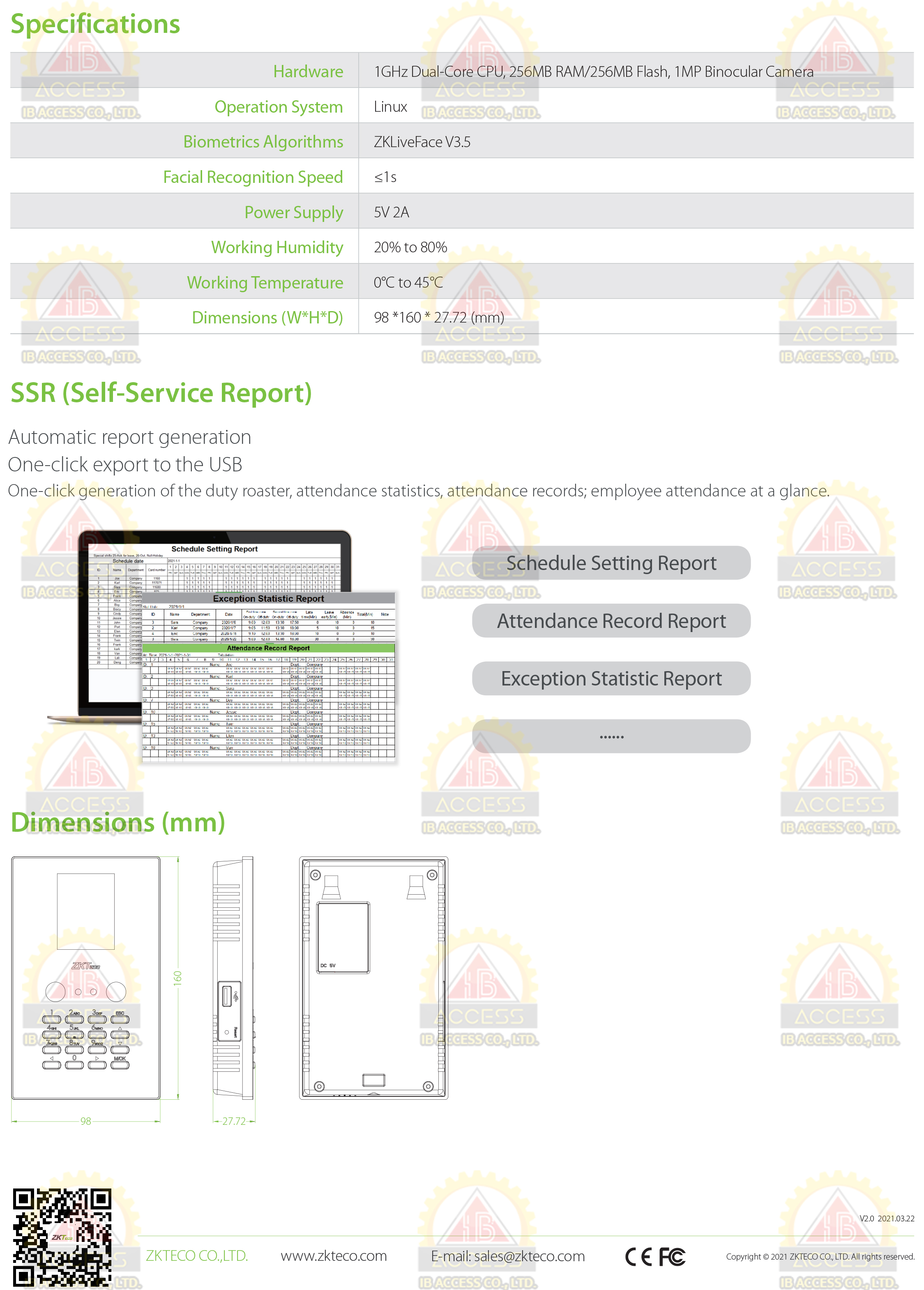 เครื่องสแกนใบหน้า ยี่ห้อ ZKTeco รุ่น LFace10