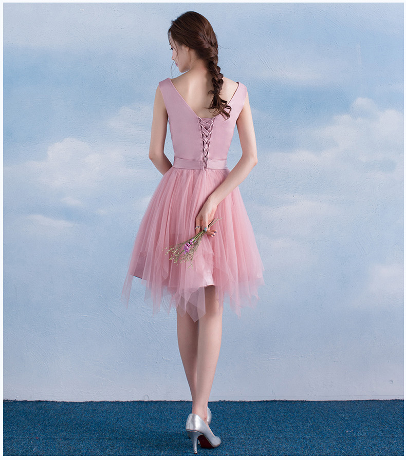 Pre-order ชุดราตรีสั้น ชุดเพื่อนเจ้าสาว กระโปรงตาข่าย มีหลายแบบ สีถั่วแดง (เชือกผูกหลัง)