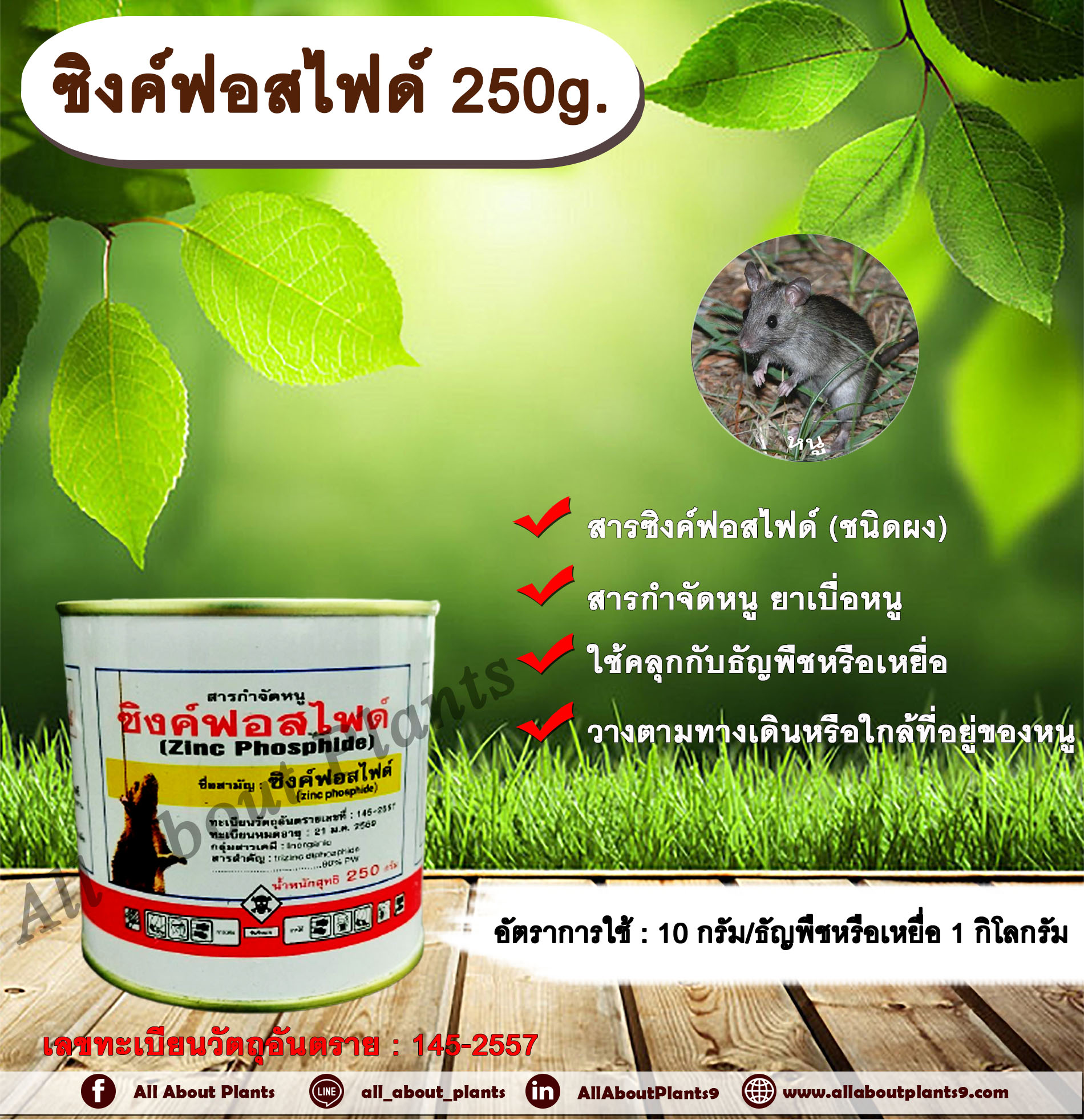 ซิงค์ฟอสไฟด์ 250g. ซิงค์ฟอสไฟด์ สารกำจัดหนู ยาเบื่อหนู หนูศัตรูพืช สารกำจัดหนู ผสมเหยื่อกำจัดหนู ผสมเมล็ดพืชกำจัดหนู ผสมอาหารกำจัดหนู กระป๋อง