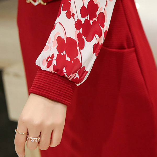 เดรสออกงานแฟชั่นเกาหลี คอวีแต่งเพชร แขนซีทรูลายดอก (11411X)