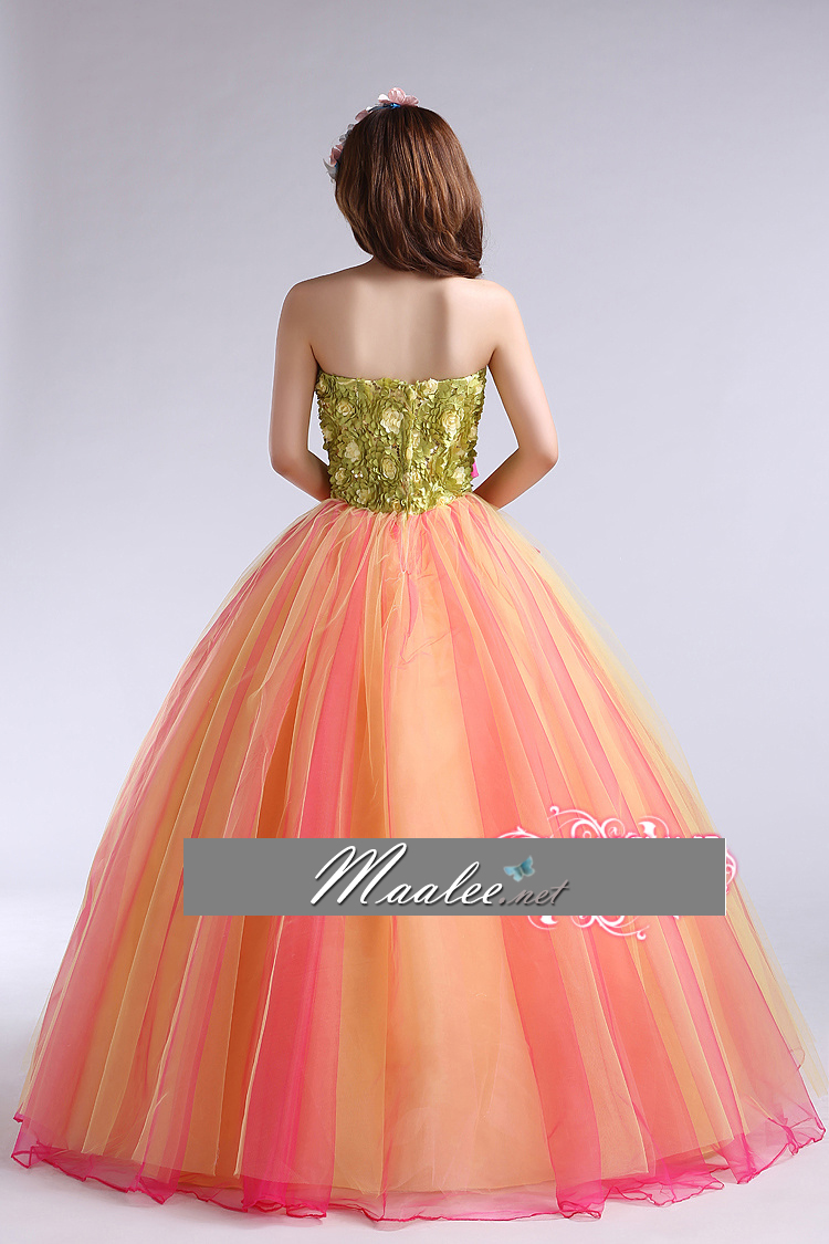 พร้อมเช่า ชุดแฟนซี ชุดราตรี สีส้ม แต่งลูกไม้ 3D สีเขียว (เชือกผูกหลัง)