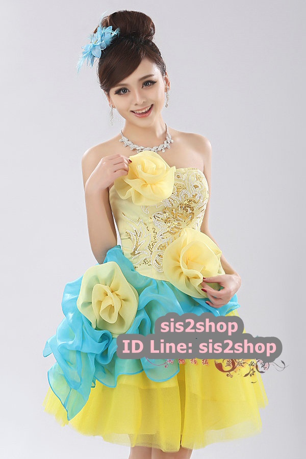 พร้อมเช่า ชุดแฟนซี ชุดราตรีสั้น สีเหลือง ฟ้า แต่งดอกไม้ อกแต่งเลื่อม