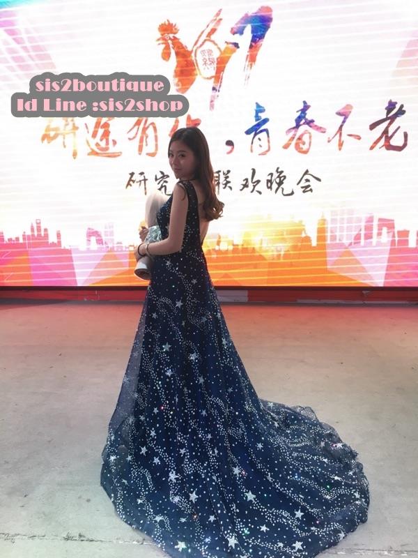 Pre-order ชุดแฟนซี ชุดราตรียาว แขนกุด สีกรมท่า แต่งกากเพชร รูปดาว ด้านหลังเว้า เซ็กซี่ ซิปหลัง