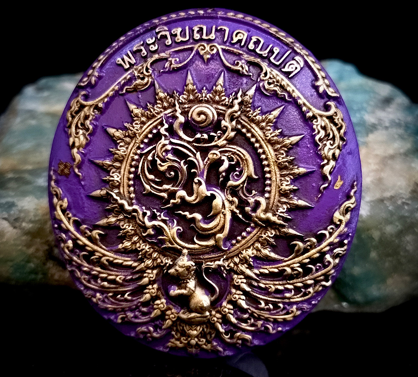 เหรียญหล่อพุทธศิลป์พระพิฆเนศ พระวิฆณา คณปติ เนื้อทองแดงรมซาตินลงยา