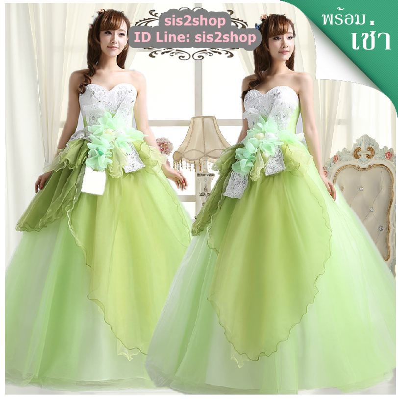 พร้อมเช่า ชุดแฟนซี ชุดราตรียาว สีเขียว ขาว Pastel แต่งผ้าแก้ว ช่อดอกไม้