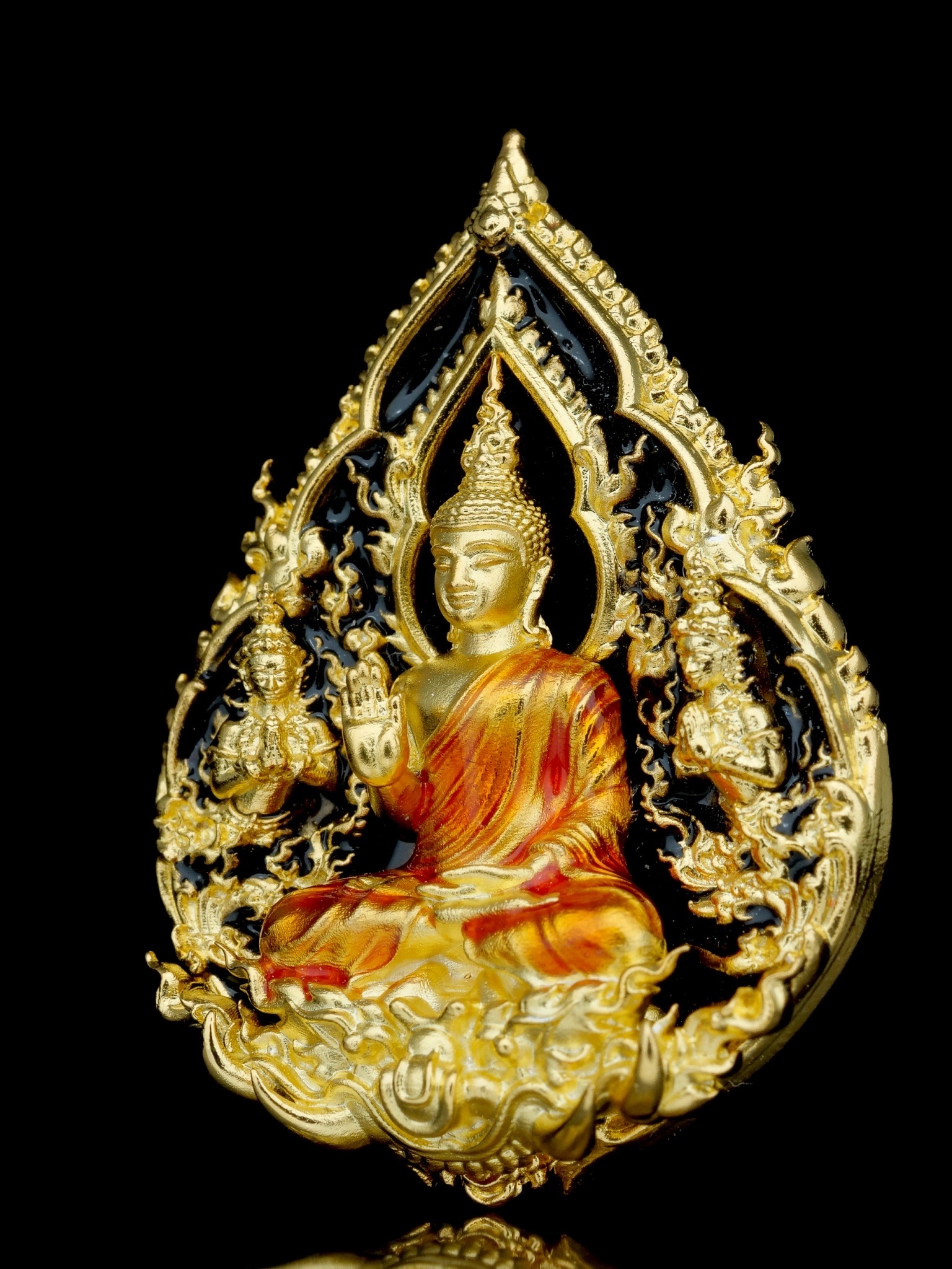 พระพุทธประทานพร รุ่น พุทธบารมี รหัส5 เนื้อบรอนซ์ชุบทองลงยาดำ องค์ชุบทองลงยาจีวร