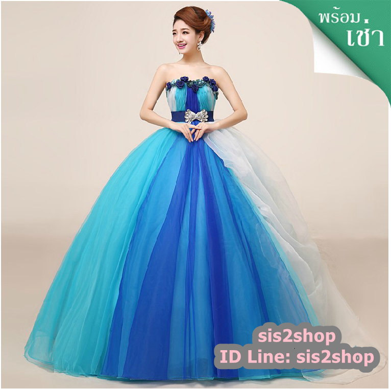 พร้อมเช่า ชุดแฟนซี ชุดราตรียาว สีฟ้า แบบเกาะอก แต่งดอกช่วงอก พร้อมเข็มขัด น่ารักมาก