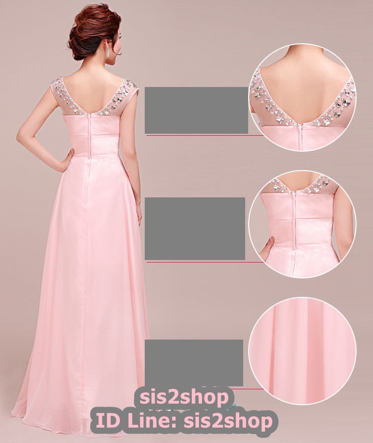 พร้อมส่ง ชุดราตรียาว สีชมพู แบบแขนกุด แต่งเพชรหรู จับจีบช่วงอก สวยหวาน