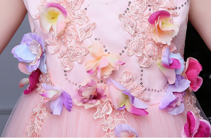 Pre-order ชุดแฟนซี แขนสั้น คอกลม ปักเลื่อม แต่งดอกไม้ กระโปรงตาข่าย ซิปหลัง